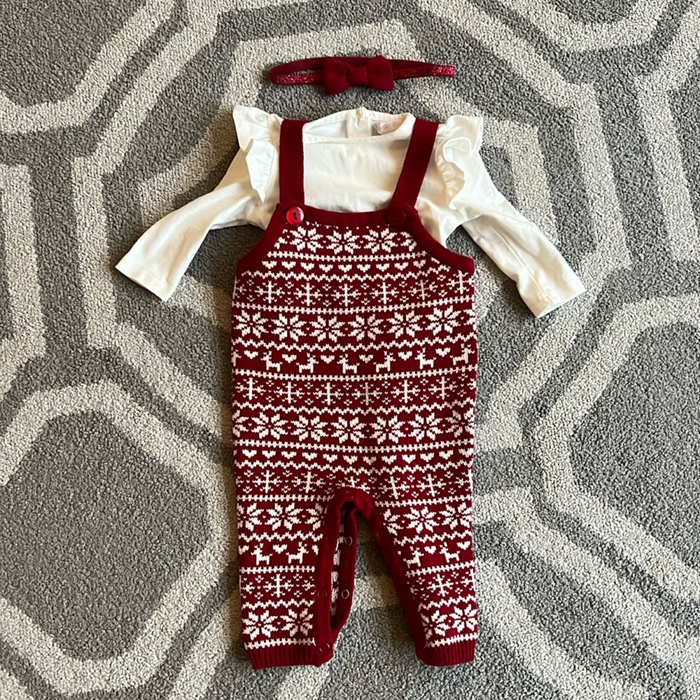 Shabby Chic Sweater Overalls, Top, & Headband
